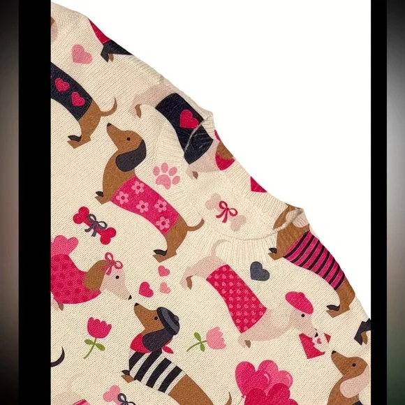 Ivory cream valentine heart dog dachshund knit graphic bubble sleeve sweater - Picture 5 of 5